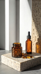 Vitamin Capsules in Glass Jar with Dropper Bottle on Textured Stone
