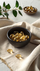 Luxury Softgel Capsules in Black Dish with Light Linen Backdrop
