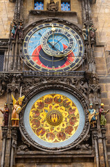 Prague, Czech Republic, August 5, 2023. The astronomical clock is one of the main attractions of the old town. Nice shot in vertical format. Travel destinations.
