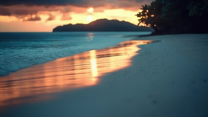 A serene sunset scene with the sun dipping below the horizon, reflected in the calm waters of a peaceful beach