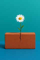 White daisy blooming from a crack in a red brick, symbolizing hope and resilience against a bright teal background..