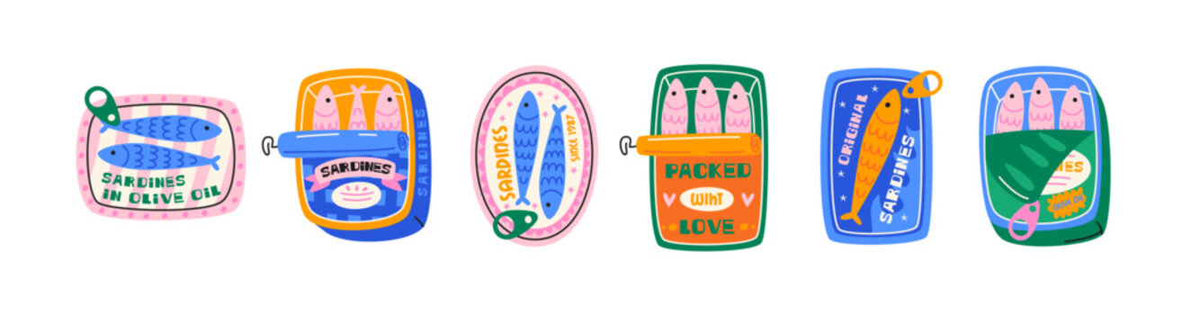 Set sardines and seafood in cans canned. Cartoon stickers of fish products packaging in bright doodle style. Tuna, salmon, shrimp, octopus. Vector shapes stickers
