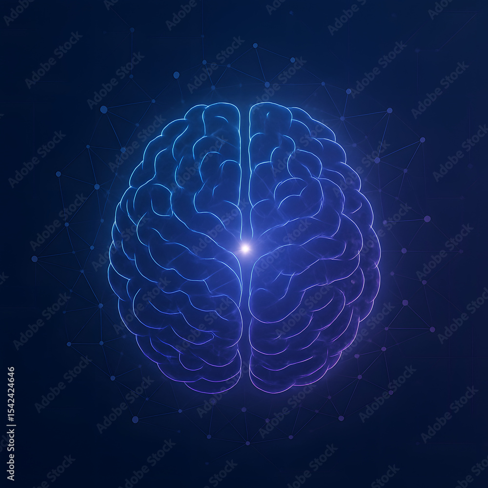 Poster highly detailed glowing brain lit with neon edges and a central light point, symbolizing intelligenc