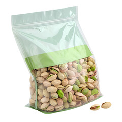 A transparent ziplock bag filled with assorted pistachio nuts. Some nuts are open, revealing their green insides. The background is black.