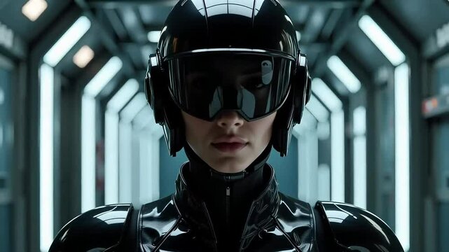 Female Cyber Soldier in Futuristic Helmet &ndash; Sci-Fi Corridor Close-Up Portrait