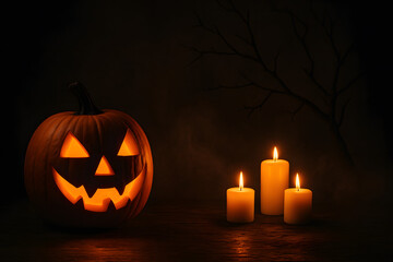 A carved Halloween pumpkin glows beside three candles, set against a dark eerie background with a barren tree silhouette..