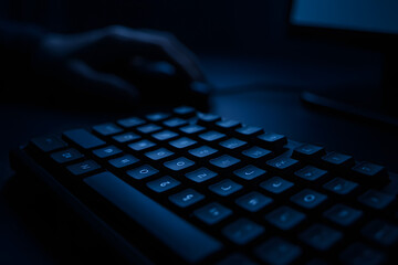 A low-light photo of a modern keyboard with Cyrillic and Latin characters, emphasizing tech ambiance and focused work atmosphere..