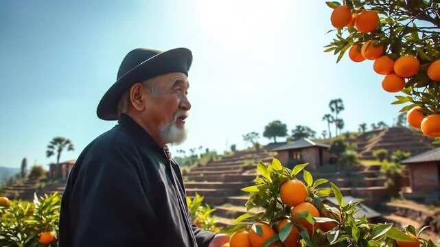 Harvest time: A serene scene of orange picking in a terraced landscape
