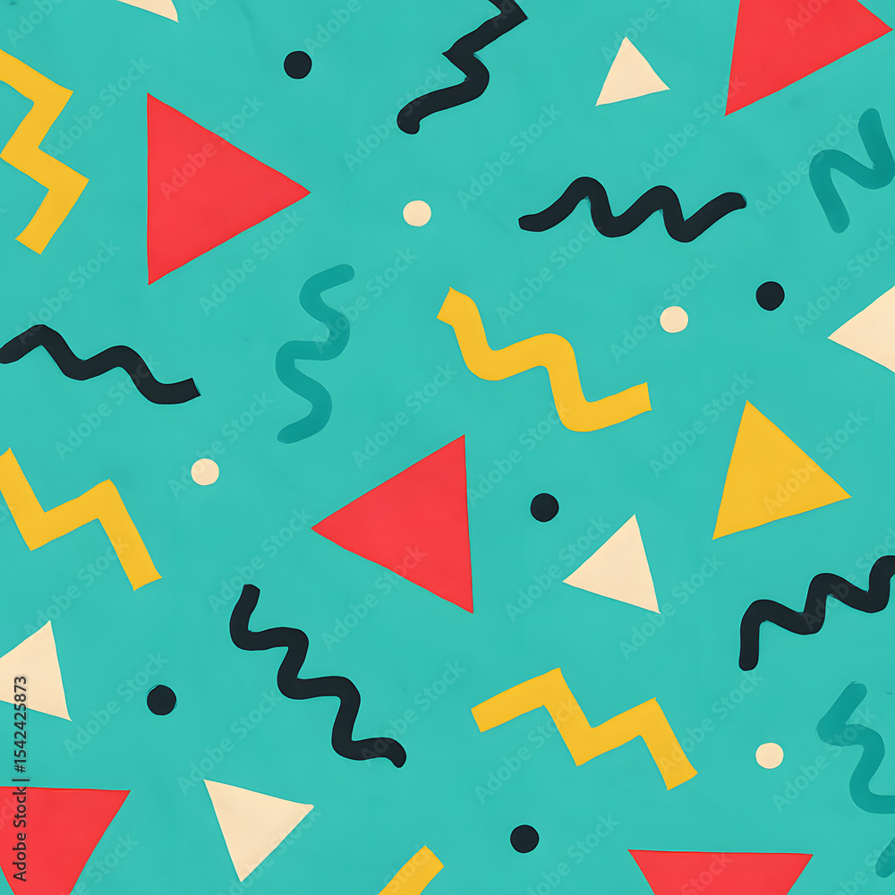Poster a colorful seamless pattern featuring retro geometric shapes like triangles, dots, and squiggles on 