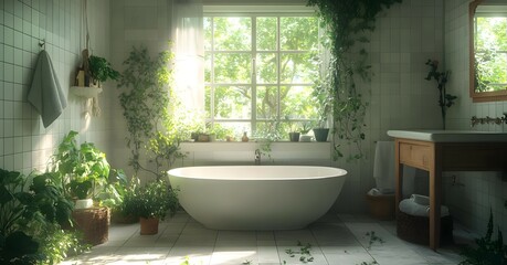 Fototapeta premium White Bathroom with Bathtub and Plants - Illustration