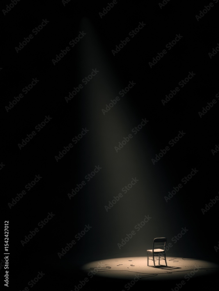 Poster empty chair on stage illuminated by a soft spotlight, creating a solitary and reflective atmosphere 