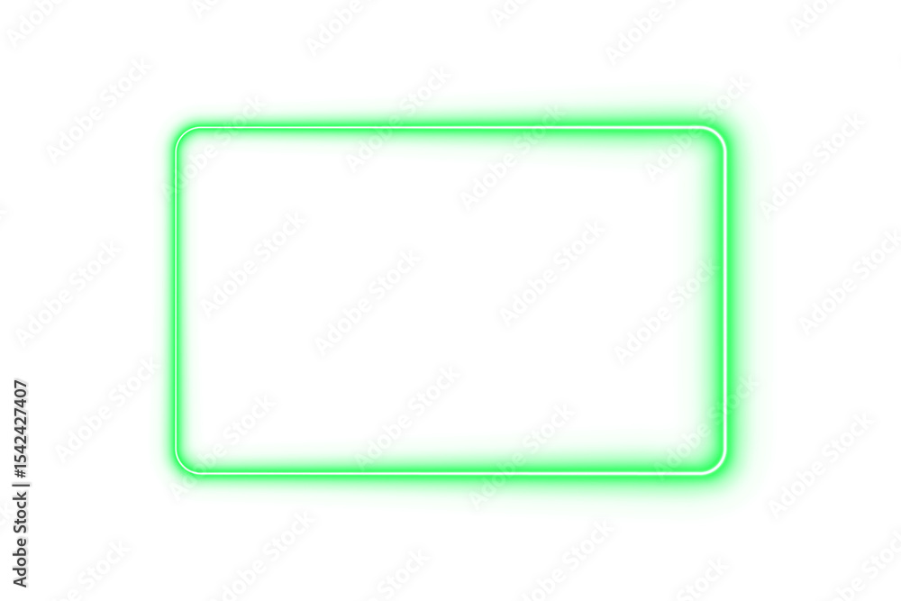 Poster neon glow frame green rectangle on transparent background with illuminated border and empty blank ce
