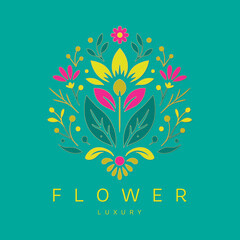 Colorful emblem with flower and leaves. Can be used for jewelry, beauty and fashion industry. Great for logo, monogram, invitation, flyer, menu, background, or any desired idea.
