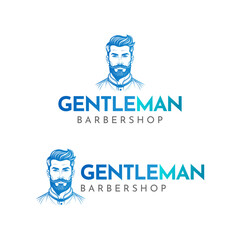 Stylish and Professional Gentleman's Barber Shop Logo Featuring a Retro Male Character with a Beard and Mustache in Blue Gradient Color Schem