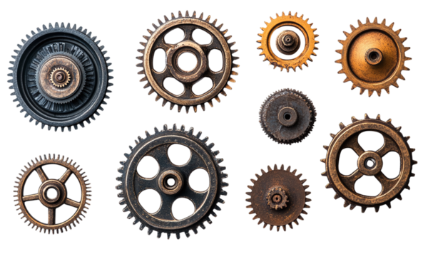 Vintage gear cogs circular shapes collection isolated on transparent background.