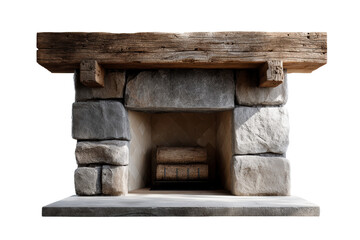 Rustic stone fireplace with wooden mantel and logs inside