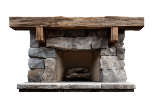 Rustic stone fireplace design with wooden mantle for cozy settings