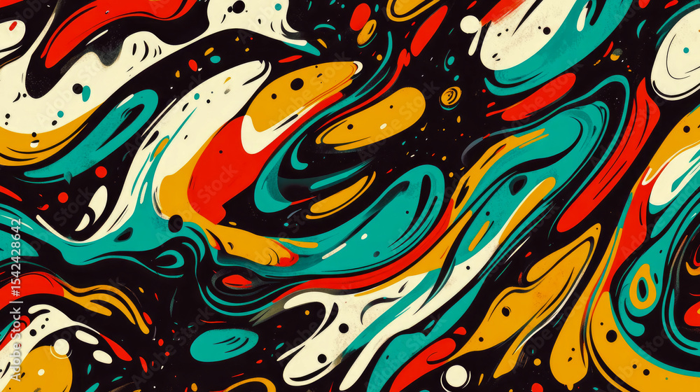 Poster dynamic abstract composition: intertwined swirls of color against a dark backdrop, for modern print,