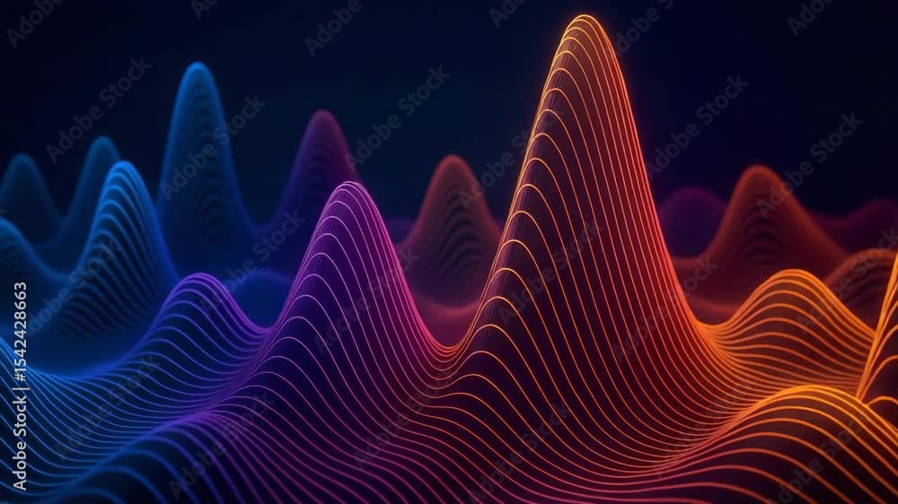 Poster abstract visual representation of sound waves, featuring vibrant colors transitioning from blue to o