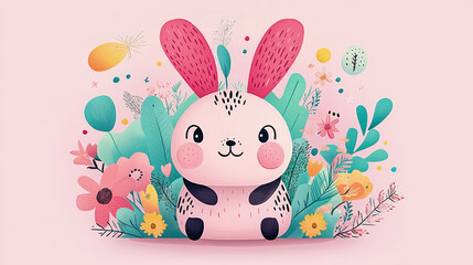 Whimsical Spring Bunny Illustration with Floral Accents, Spring Concept, For Print, Card, Invitation