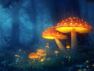 Glowing Mushrooms in a Misty Fantasy Forest