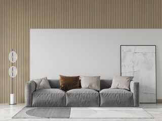 Mock up of an exclusive living room with perfect design with a comfortable stylish sofa and a cool decorative background, 3D rendering.