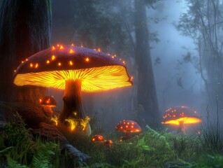 Glowing Mushrooms in a Misty Fantasy Forest