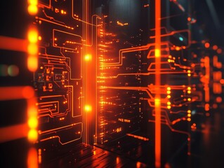 Glowing Orange Data Center Servers on Dark Circuit Board