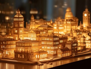 Illuminated Wooden Model of a Historic City at Night
