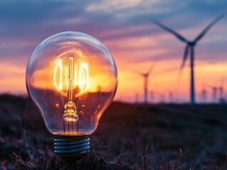 Glowing Lightbulb at Sunset with Wind Turbines in Background