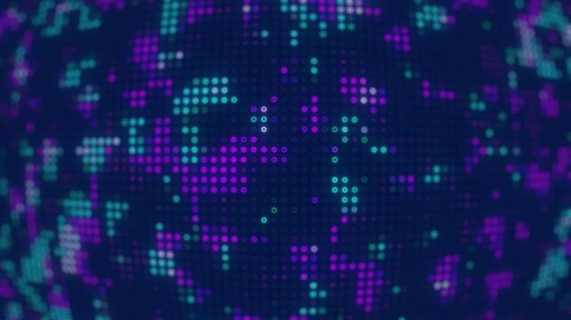 Hi tech motion graphic background, blue and red flickering dots on dark background