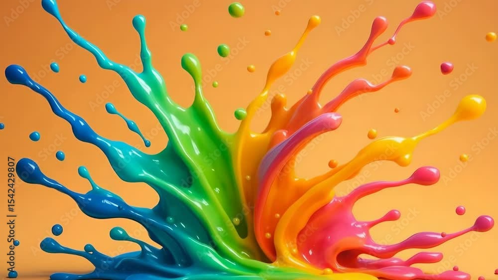 Poster an explosion of vibrant paint splashes in an array of colors against a warm orange background, perfe