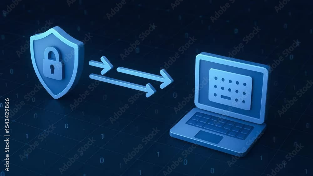 Poster this image illustrates digital security with a shield icon and a laptop, representing secure data tr