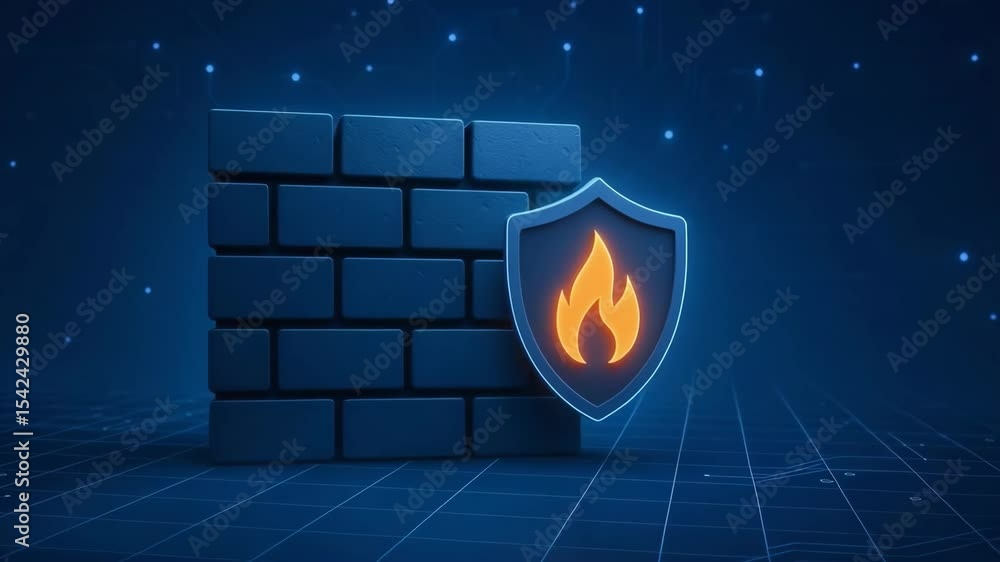 Poster a digital representation of cybersecurity with a protective firewall shield, symbolizing data securi