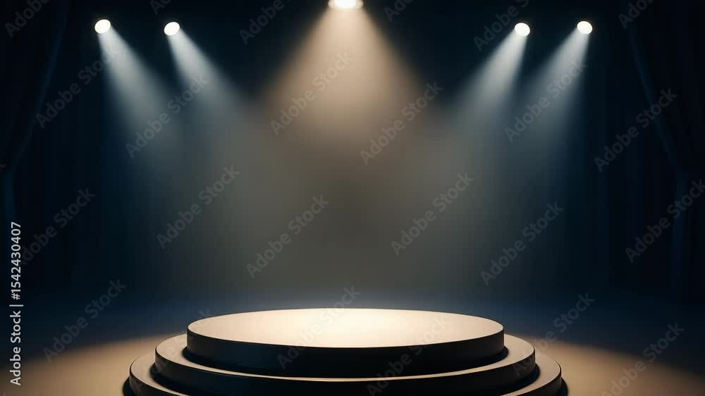 Poster a visually striking empty stage illuminated by soft spotlight beams, creating an inviting atmosphere
