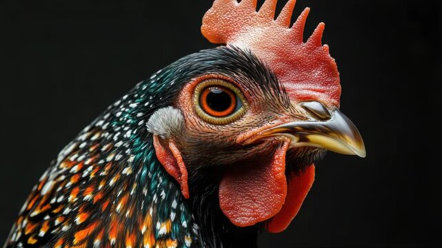 A close-up view of a rooster's head against a dark background