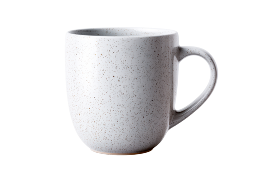 Simple white ceramic mug with speckled design and handle
