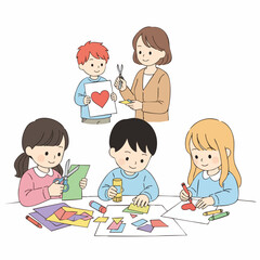 Simple Line Art Children Doing Craft Activity at Table Illustration