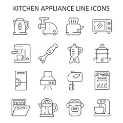 Kitchen appliance line icon set. Vector collection with kettle, meat grinder, toaster, microwave oven, coffee machine, blender,  steamer, mixer, fridge, juicer, dishwasher.