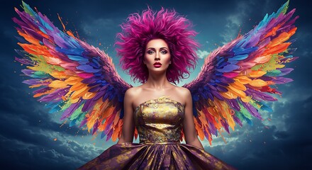 Vibrant Rainbow Wings A Fantasy Portrait of a Woman with Colorful Hair and Feathers