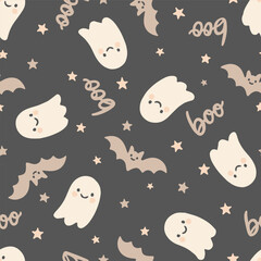 Boo ghost and bat seamless vector pattern in cute Halloween style with stars and dark background