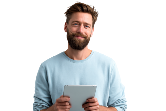 Smiling bearded man with a tablet on a clear background