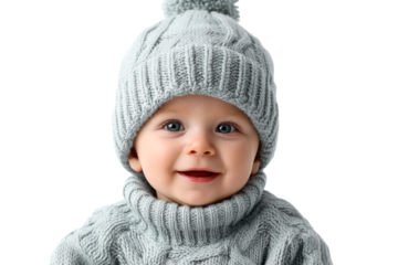 Happy baby smiling in cozy gray knit hat and sweater