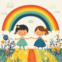 Happy kids holding hands under rainbow in colorful garden, cartoon flat style. High quality photo