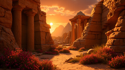 A highly detailed ancient ruin at sunset with intricate stone carvings, weathered columns, vibrant desert flora, and golden light casting detailed shadows, adventurous and mystical