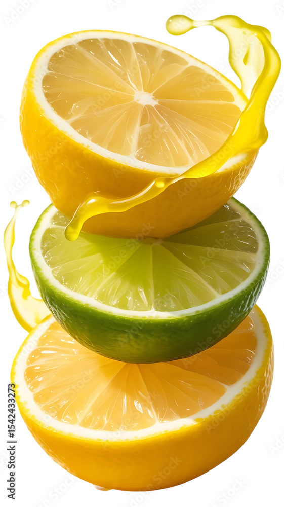 Aufkleber Stacked lemon lime slices with juice splash isolated on transparent background isolated on white background