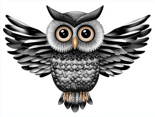 Obraz premium Owl With Wide Symmetrical Eyes and Intricate Stripes Perched With Wings Outstretched