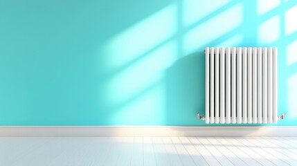 Obraz premium A minimalist room featuring a striking turquoise wall and a white radiator, reflecting modern design sensibilities and simplicity in interior spaces.