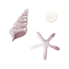 Set of isolated hand drawn vector marine elements. Sea creatures in flat cartoon stylisation. Seashell, pearl and starfish collection. Summer icons