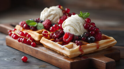 Traditional Belgian waffles with ice cream and berry fruits, homemade healthy breakfast
